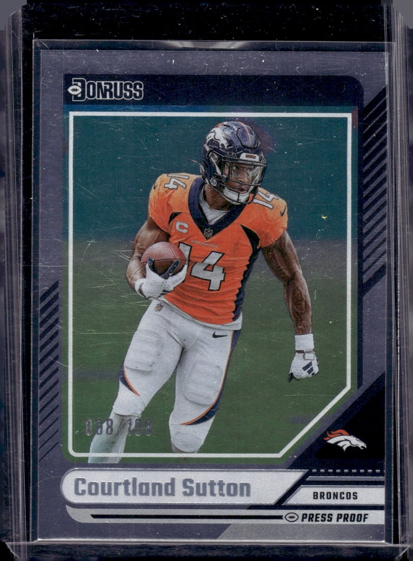Courtland Sutton Press Proof /100 2024 Donruss #134 Denver Broncos: Panini Select, Prizm, Mosaic, Contenders, Zenith, Phoenix, Illusions, Absolute, Rookie NFL Sports Trading Cards, SP, SSP, Cards, Football Cards for Sale Near Me, Superbowl & Hall of Fame Player Cards,