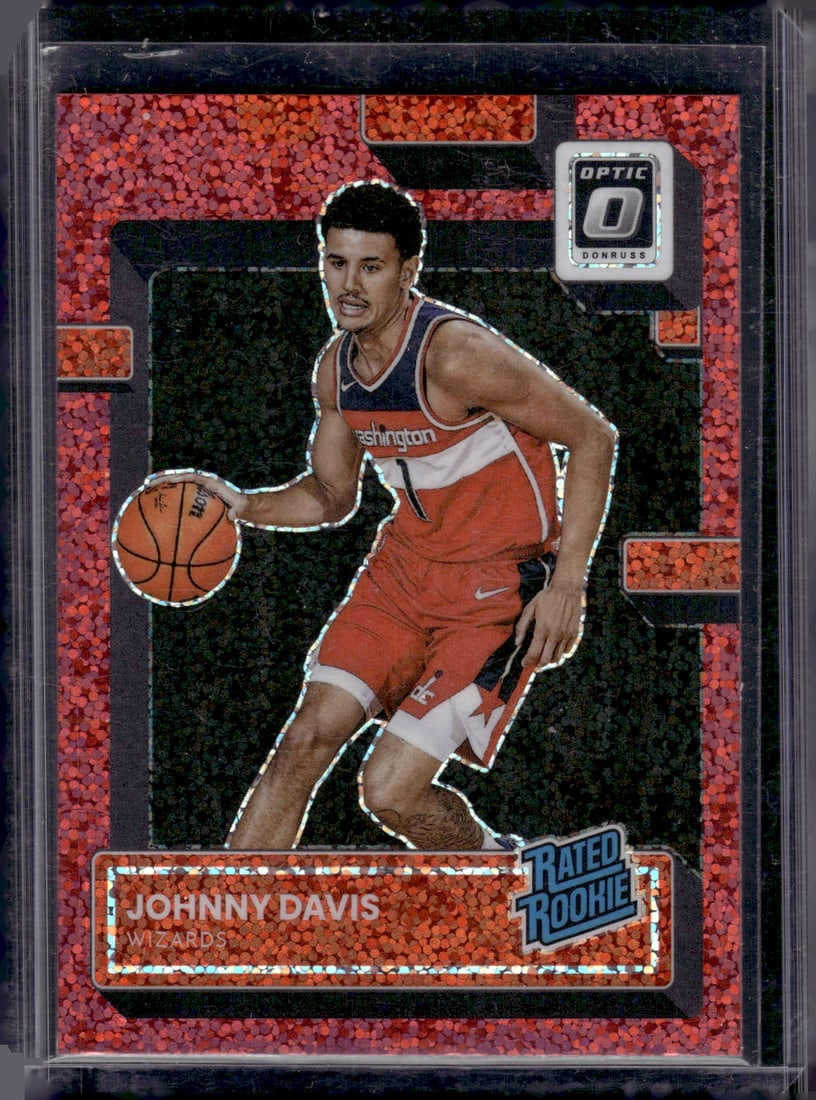 Johnny Davis Rookie Card Red Sparkle Prizm 2022-23 Donruss Optic #206 Wizards: Panini Select, Prizm, Mosaic, Contenders, Revolution, Phoenix, NBA Hoops, Rookie NFL Sports Trading Cards, Silver, SP, SSP, Wave Prizms, Numbered Cards, Basketball sports Cards for Sale Near Me, NBA C