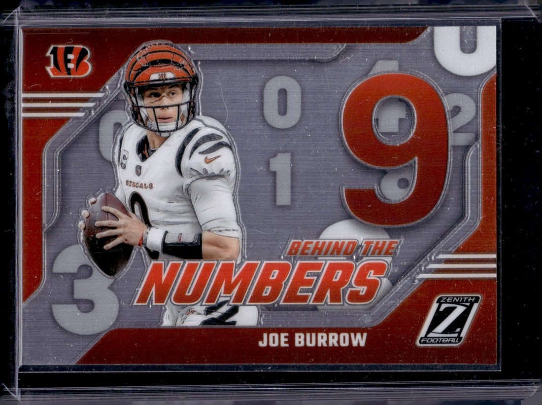 Joe Burrow Behind the Numbers 2023 Panini Zenith #13 Bengals: Panini Select, Prizm, Mosaic, Contenders, Zenith, Phoenix, Illusions, Absolute, Rookie NFL Sports Trading Cards, SP, SSP, Cards, Football Cards for Sale Near Me, Superbowl & Hall of Fame Player Cards,