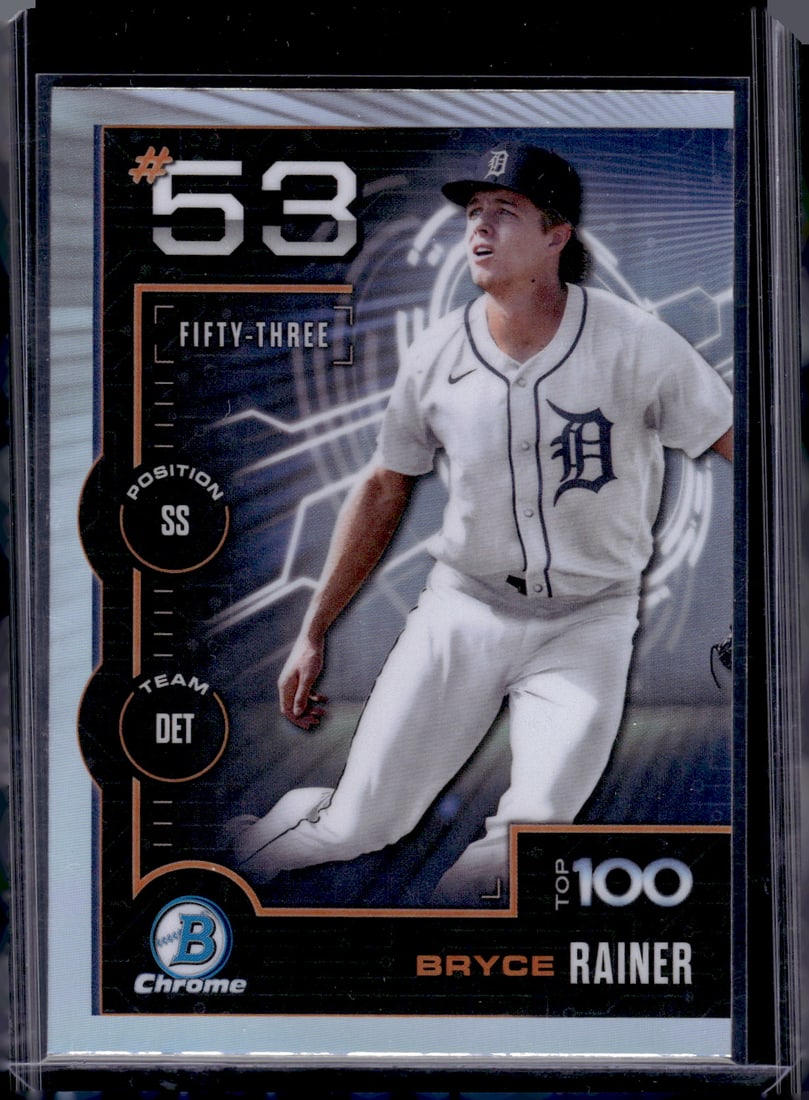Bryce Rainer Top 100 Prospects 2025 Bowman Chrome #BTP-53 Detroit Tigers: Bowman Baseball MLB Trading & Sports Cards, Sports Cards for Sale Near Me, World Series & Hall of Fame Players, SP, SSP, Chrome, 1st Bowman, Auction Memorabilia Lots Sold On Line