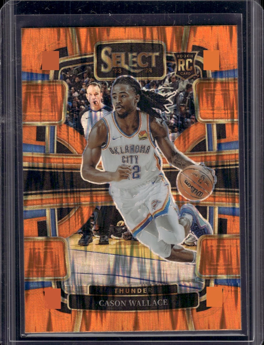 Cason Wallace Rookie Card Orange Flash Prizm 2023-24 Select #88 OKC Thunder: Panini Select, Prizm, Mosaic, Contenders, Revolution, Phoenix, NBA Hoops, Rookie NFL Sports Trading Cards, Silver, SP, SSP, Wave Prizms, Numbered Cards, Basketball sports Cards for Sale Near Me, NBA C
