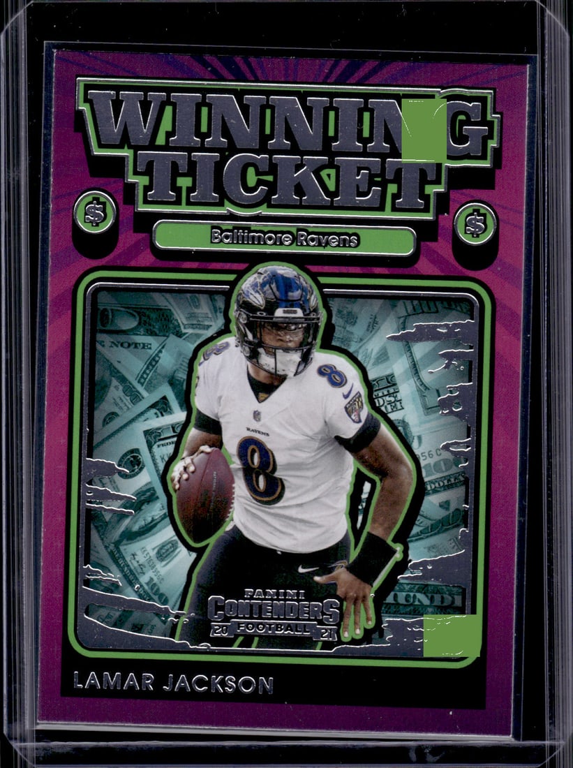 Lamar Jackson Winning Ticket 2021 Contenders #WT-LJA Baltimore Ravens: Panini Select, Prizm, Mosaic, Contenders, Zenith, Phoenix, Illusions, Absolute, Rookie NFL Sports Trading Cards, SP, SSP, Cards, Football Cards for Sale Near Me, Superbowl & Hall of Fame Player Cards,