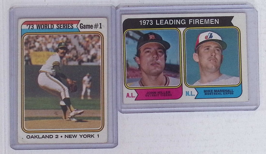 2 Vintage 1974 Topps Baseball Cards: '73 Leading Firemen & '73 World Series Game #1: Topps Baseball MLB Trading & Sports Cards, Sports Cards for Sale Near Me, World Series & Hall of Fame Players Memorabilia, Refractors, X-Fractors, Numbered, SP, SSP, Valuable Auction Memorabilia Lots