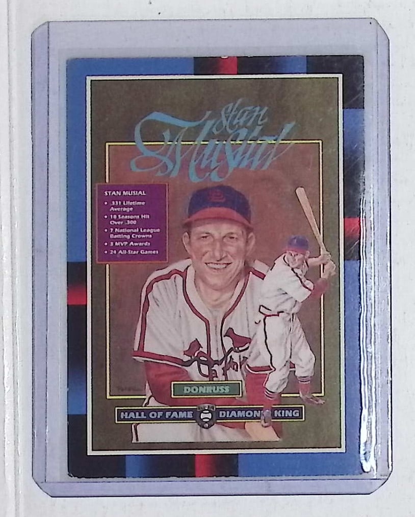 Stan Musial Donruss Hall of Fame Diamond Kings Vintage 1987 Donruss Leaf #641: Donruss Baseball MLB Trading & Sports Cards, Sports Cards for Sale Near Me, Prizm, Mosaic, Select, SP, SSP, Auction Memorabilia Lots for Sale On Line, World Series & Hall of Fame Players, Diamond King