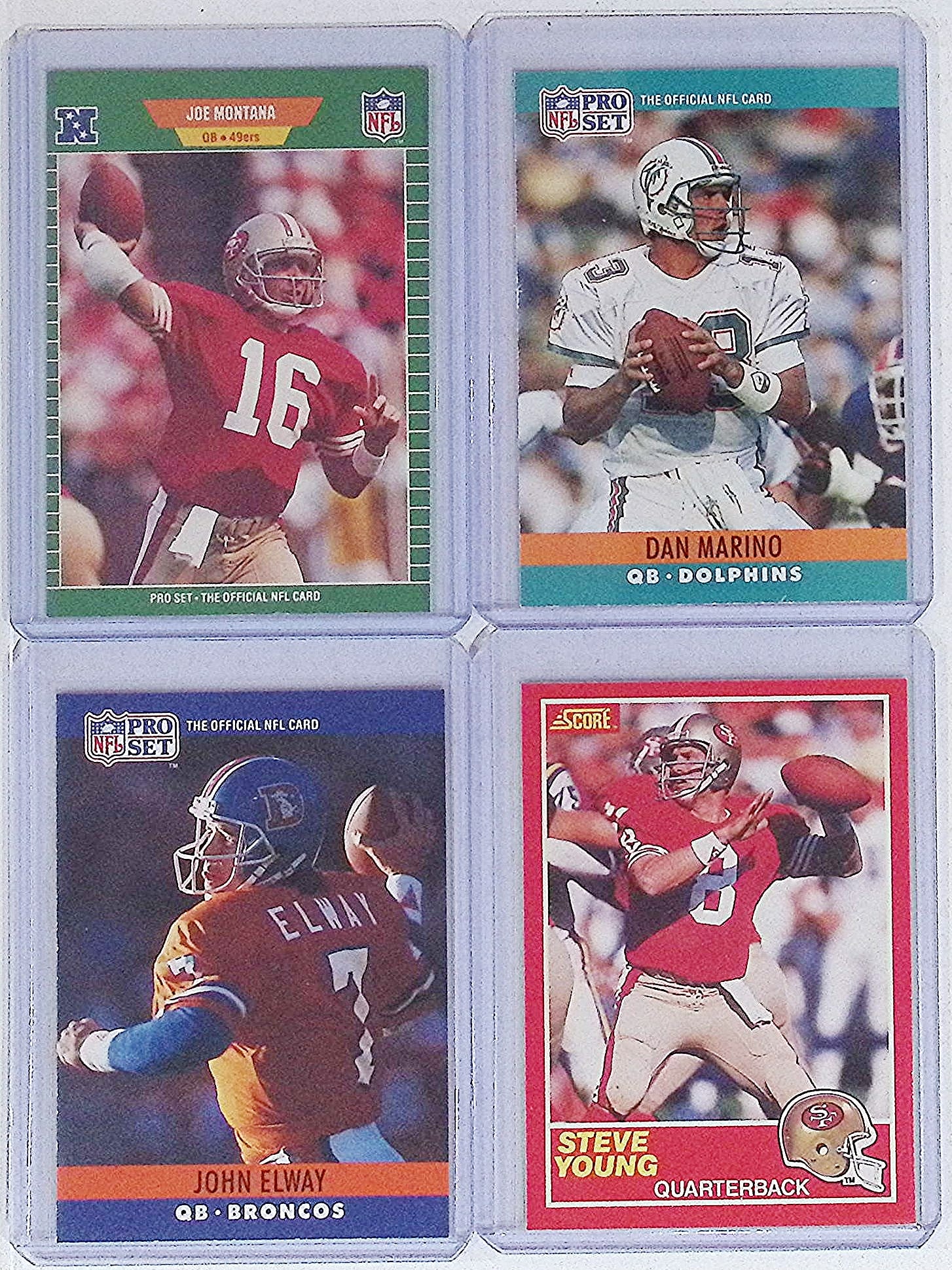 4 Superstar QB Cards Lot: Joe Montana, Dan Marino, John Elway, & Steve Young (1 of 2)