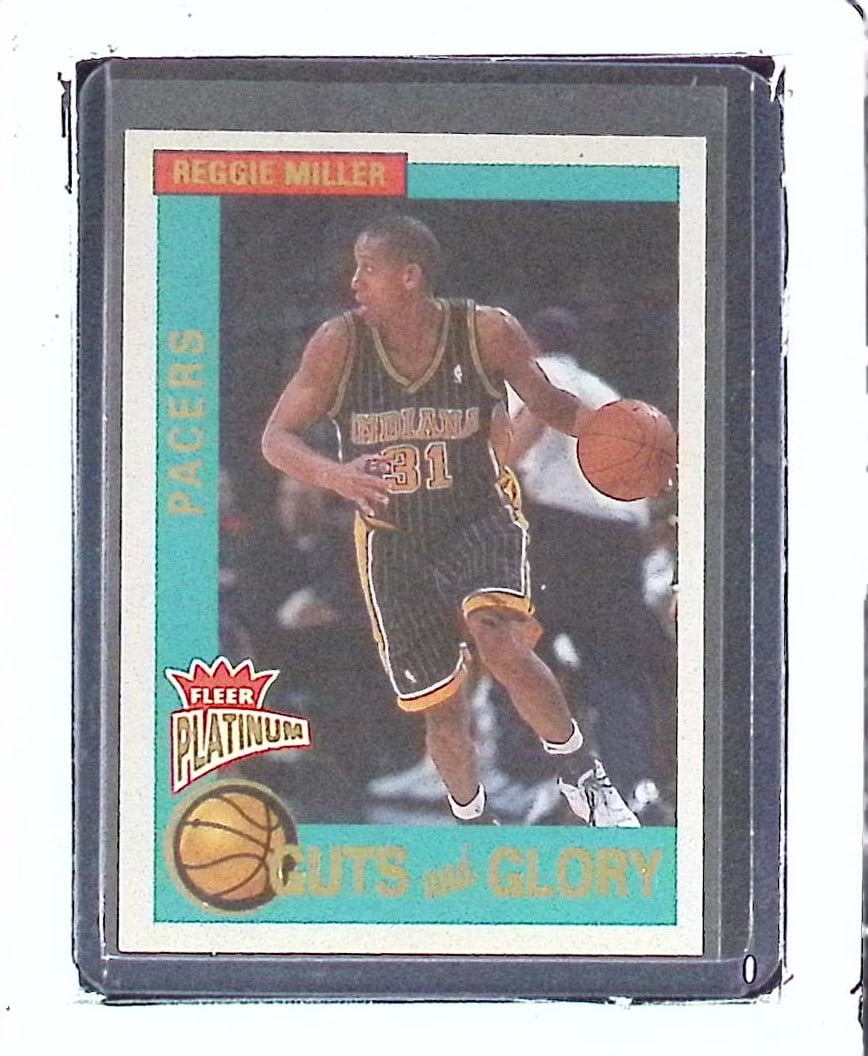Reggie Miller Guts & Glory Insert 2003 Fleer Platinum #7 of a Set of 10: Fleer Vintage Basketball NBA Trading & Sports Cards, NBA Championship & Hall of Fame Player Cards, Valuable Auction Memorabilia Lots Sold On Line, Old Sports Cards for Sale Near Me