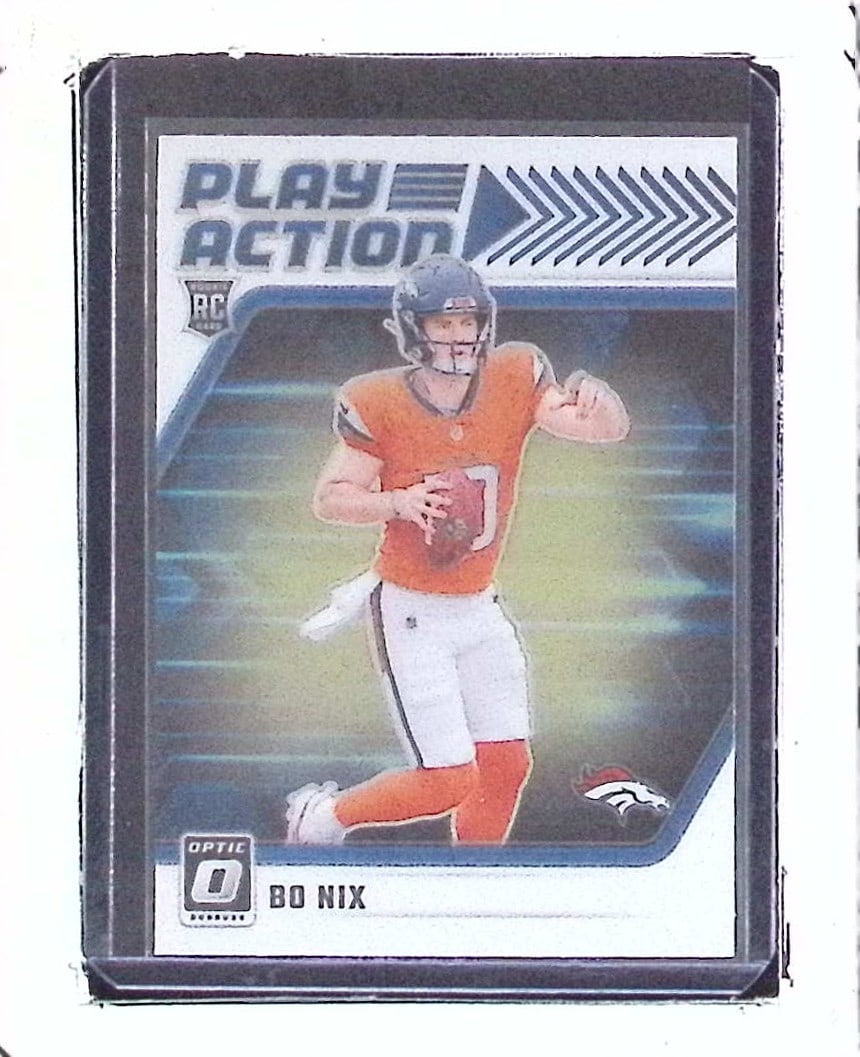 Bo Nix Play Action Rookie Card 2024 Donruss Optic #6 Denver Broncos: Donruss Optic Football NLF Trading & Sports Cards, Sports Cards for Sale Near Me, Valuable Memorabilia Auction Lots Sold On Line, SP, SSP