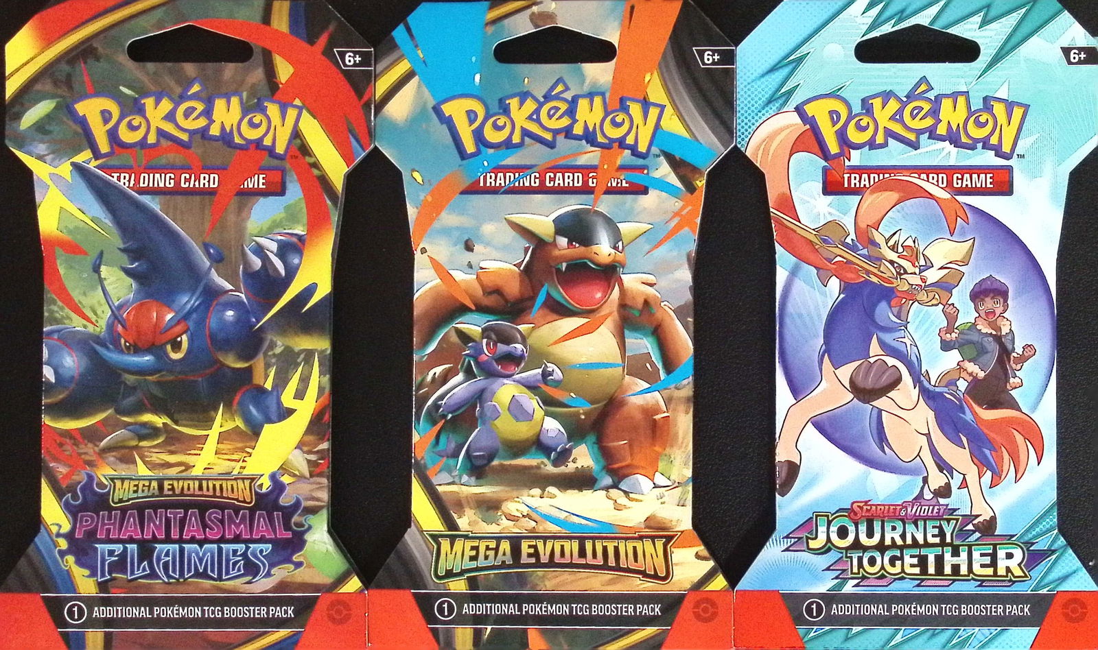 3 COUNT: 1 - Pokemon Journey Together, 1 - 2025 Mega Evolutions & 1 - PHANTASMAL FLAMES BOOSTER: Pokemon Trading Card Game Cards, Charizard, Pikachu, Mewto, EX, Referse Holo, Holo Rare Cards, Secret Rare Cards, Full Art Cards, Evee, 3 Stars Ultra Rare Cards, Double Rare, Illustration Rare, Specia