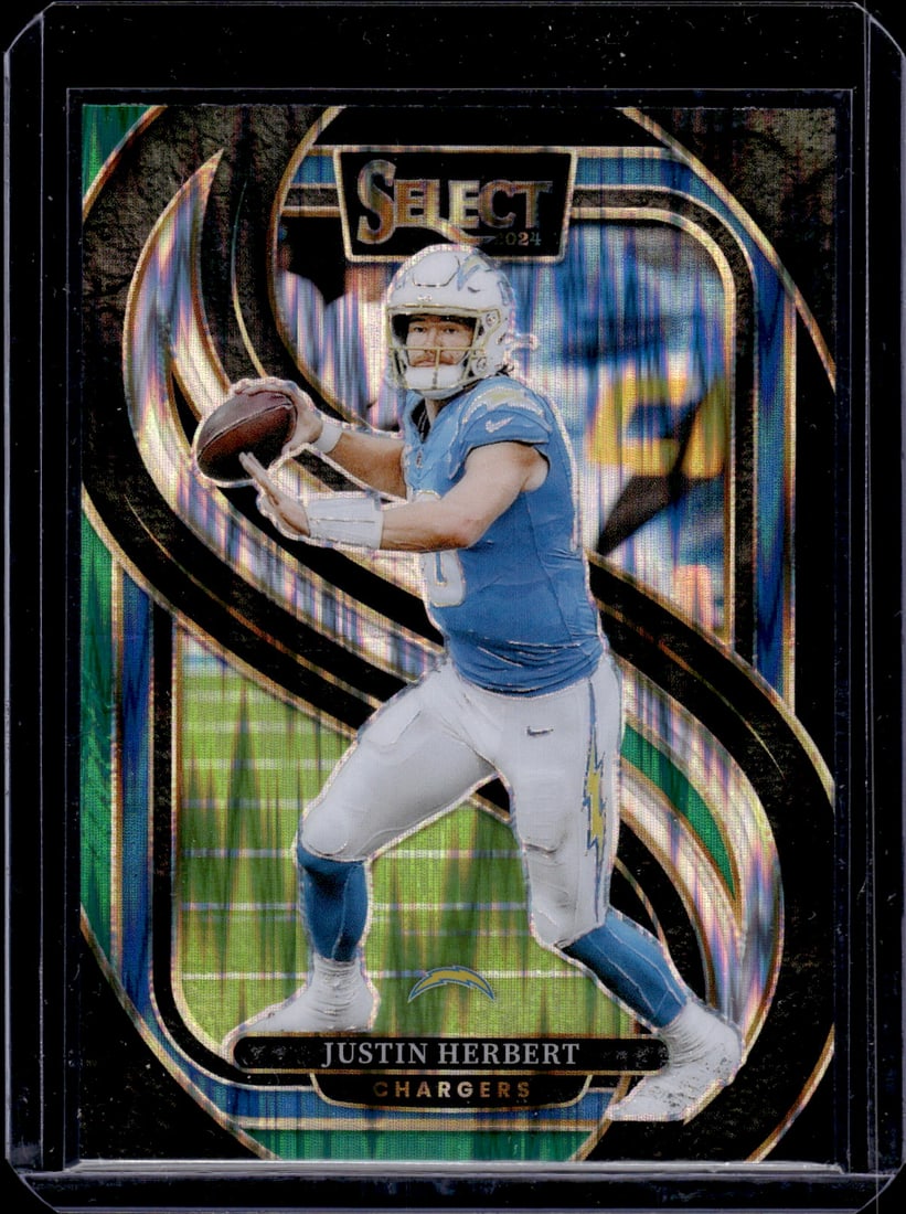 Justin Hebert Green/Black Shock Prizm 2024 Select #131 Los Angeles Chargers: Panini Select, Prizm, Mosaic, Contenders, Zenith, Phoenix, Illusions, Absolute, Rookie NFL Sports Trading Cards, SP, SSP, Cards, Football Cards for Sale Near Me, Superbowl & Hall of Fame Player Cards,