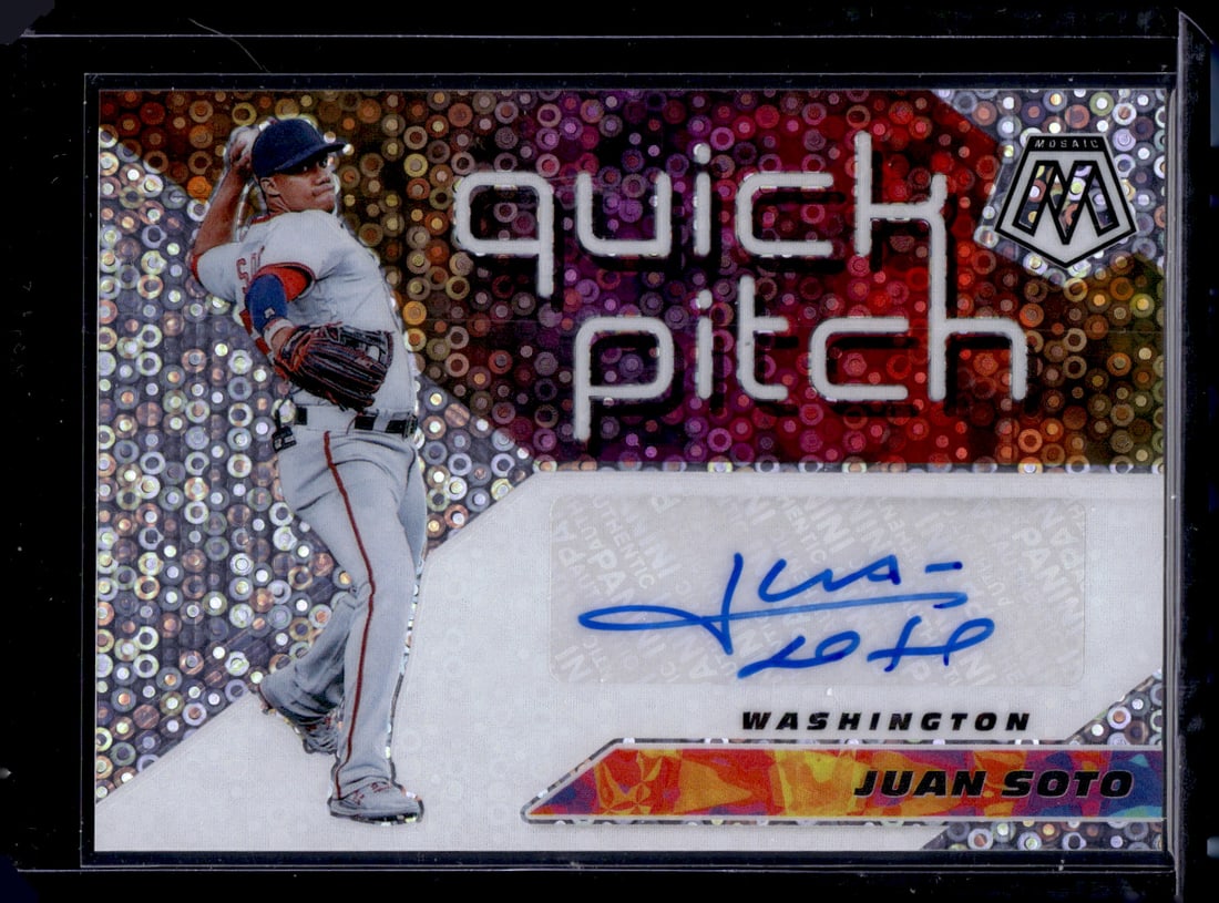 Juan Soto Quick Pitch Prizm Auto 2021 Mosaic #QPA-JU Nationals, Mets: Panini Baseball MLB Trading & Sports Cards, Sports Cards for Sale Near Me, Prizm, Mosaic, Select, SP, SSP, Auction Memorabilia Lots for Sale On Line, World Series & Hall of Fame Players