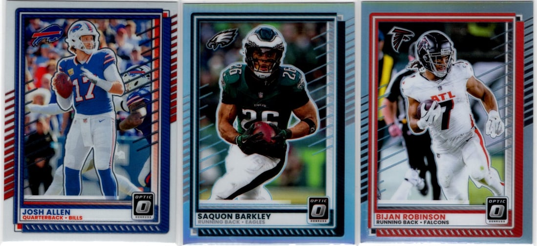 Lot of 3 2025 Donruss Optic NFL Cards. Josh Allen Base, Barkley & Robinson Holo Prizms (1 of 2)