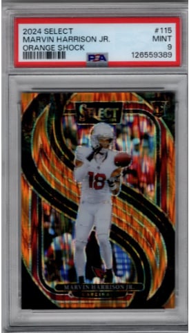 Marvin Harrison Jr. Rookie Card Orange Shock /399 2024 Select #115 PSA 9 Cardinals: Panini Select, Prizm, Mosaic, Contenders, Zenith, Phoenix, Illusions, Absolute, Rookie NFL Sports Trading Cards, SP, SSP, Cards, Football Cards for Sale Near Me, Superbowl & Hall of Fame Player Cards,