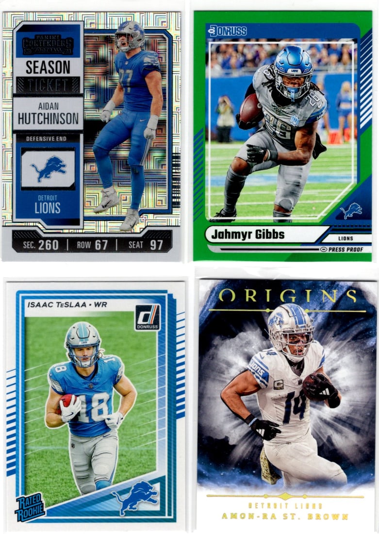 Detroit Lions Lot of 4 Football Cards. Hutchinson Mojo, TeSlaa RC, Gibbs Green, St. Brown (1 of 2)