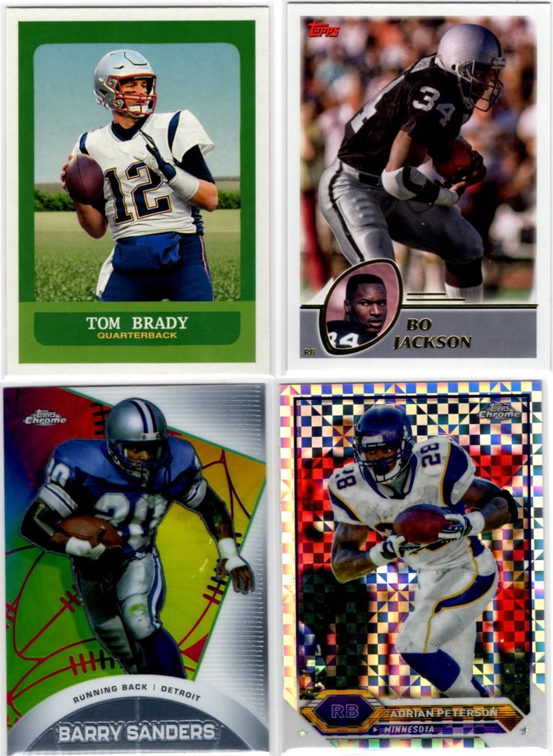 Lot of 4 2023 Topps Composite Football Cards. Tom Brady, Bo Jackson, Sanders, AP Xfractor: Topps Football NFL Trading Sports Cards, Sports Cards for Sale Near Me, Super Bowl & Hall of Fame Player Cards, Resurgence, Composite, SP, SSP, Valuable Auction Memorabilia Lots For Sale On Line
