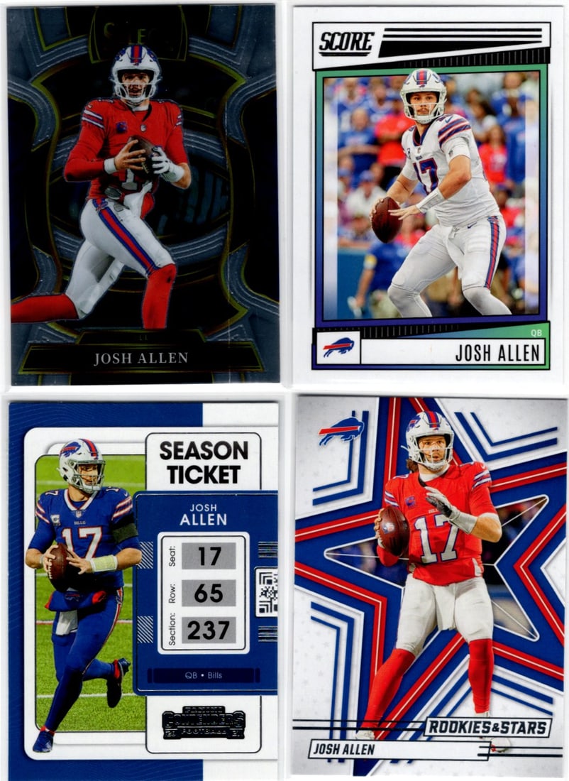 Lot of 4 Josh Allen Panini Football Cards. All Different, See Pictures. Buffalo Bills: Panini Select, Prizm, Mosaic, Contenders, Zenith, Phoenix, Illusions, Absolute, Rookie NFL Sports Trading Cards, SP, SSP, Cards, Football Cards for Sale Near Me, Superbowl & Hall of Fame Player Cards,
