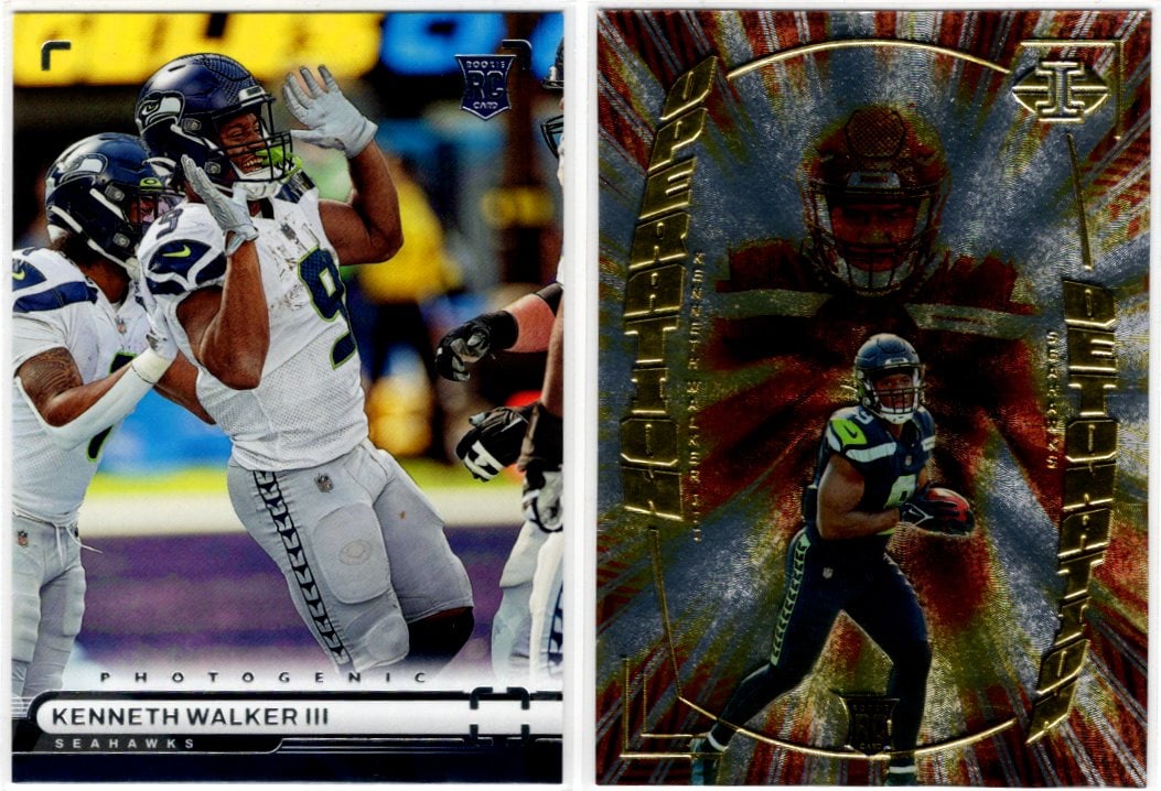Lot of 2 Kenneth Walker Rookie Cards. Photogenic #PH-37 & Illusions #OD-25. Seahawks: Panini Select, Prizm, Mosaic, Contenders, Zenith, Phoenix, Illusions, Absolute, Rookie NFL Sports Trading Cards, SP, SSP, Cards, Football Cards for Sale Near Me, Superbowl & Hall of Fame Player Cards,