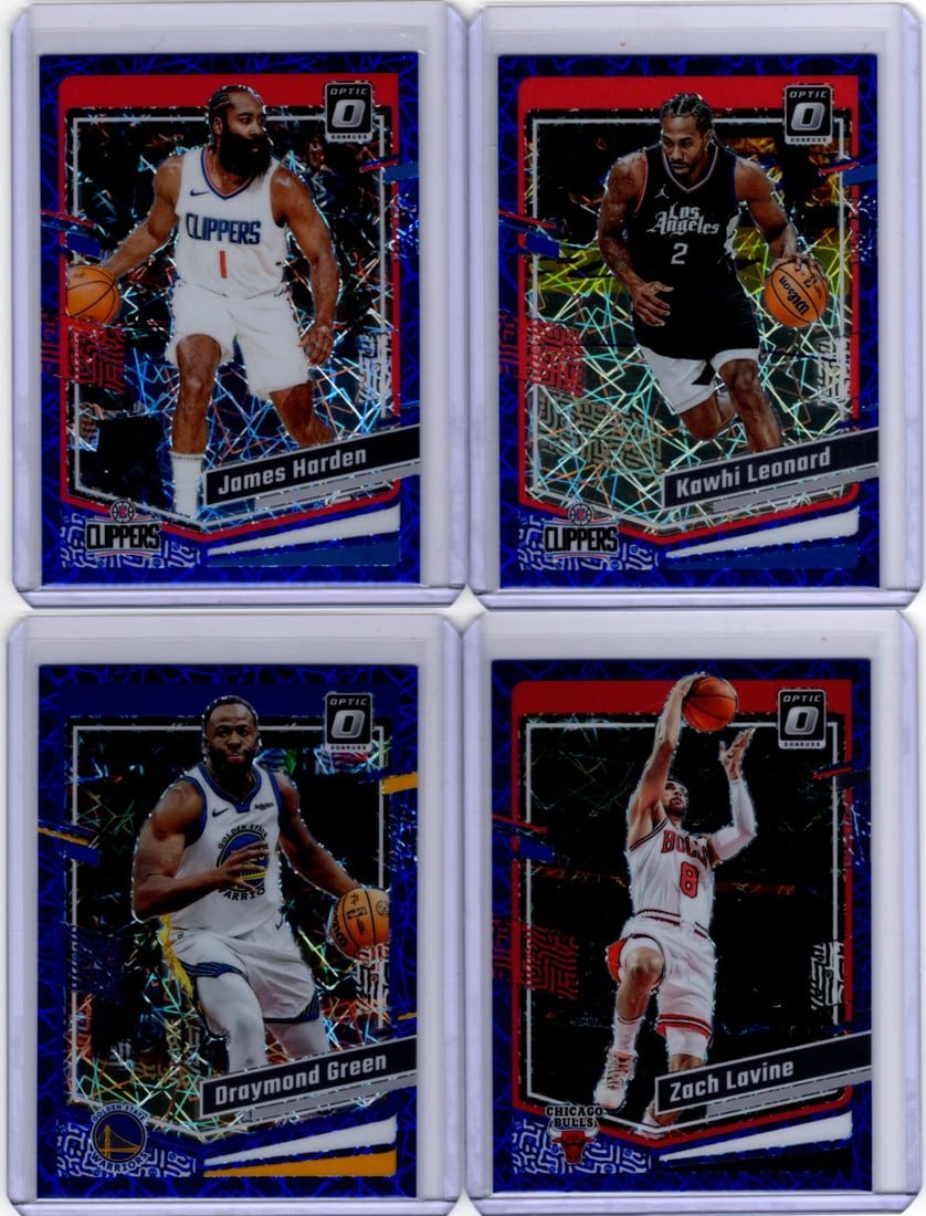 Lot of 4 2023-24 Donruss Optic NBA Blue Velocity Prizms. Harden, Leonard, Green, Lavine: Panini Select, Prizm, Mosaic, Contenders, Revolution, Phoenix, NBA Hoops, Rookie NFL Sports Trading Cards, Silver, SP, SSP, Wave Prizms, Numbered Cards, Basketball sports Cards for Sale Near Me, NBA C