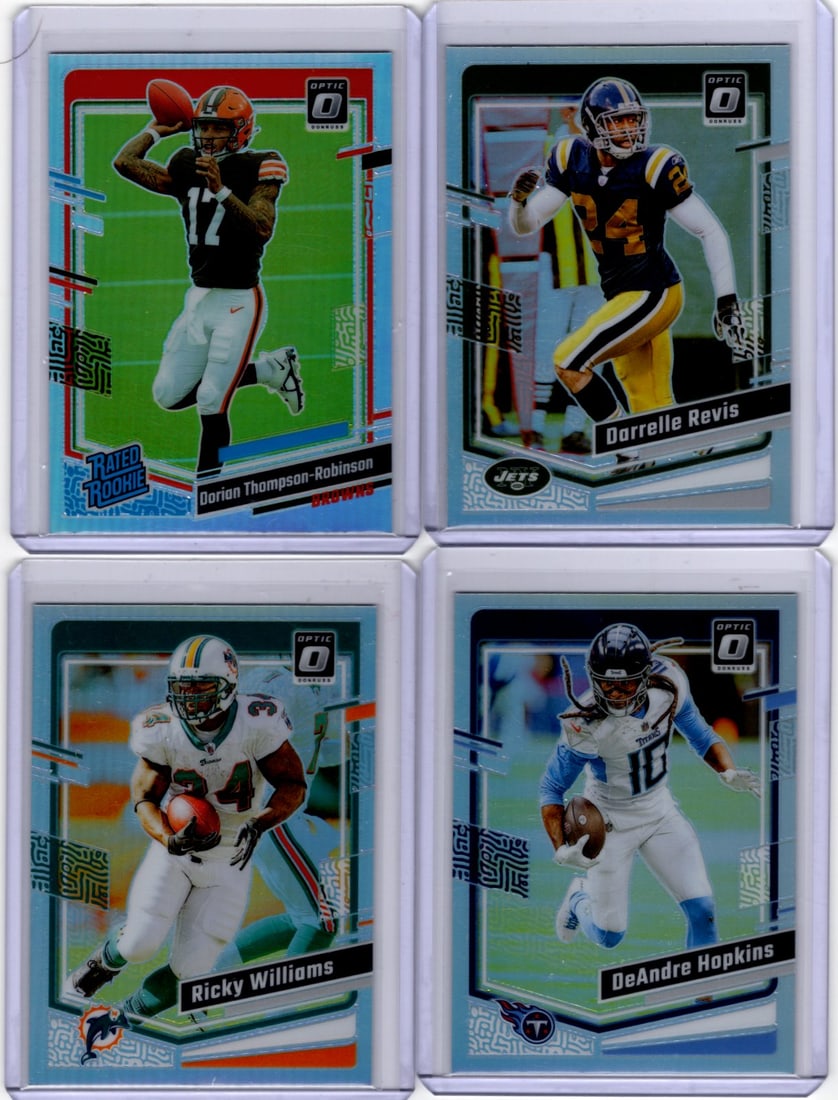 Lot of 4 2023 Donruss Optic NFL Holo Prizms. Thompson-Robinson RC, Revis, Williams, Hopkins (1 of 2)