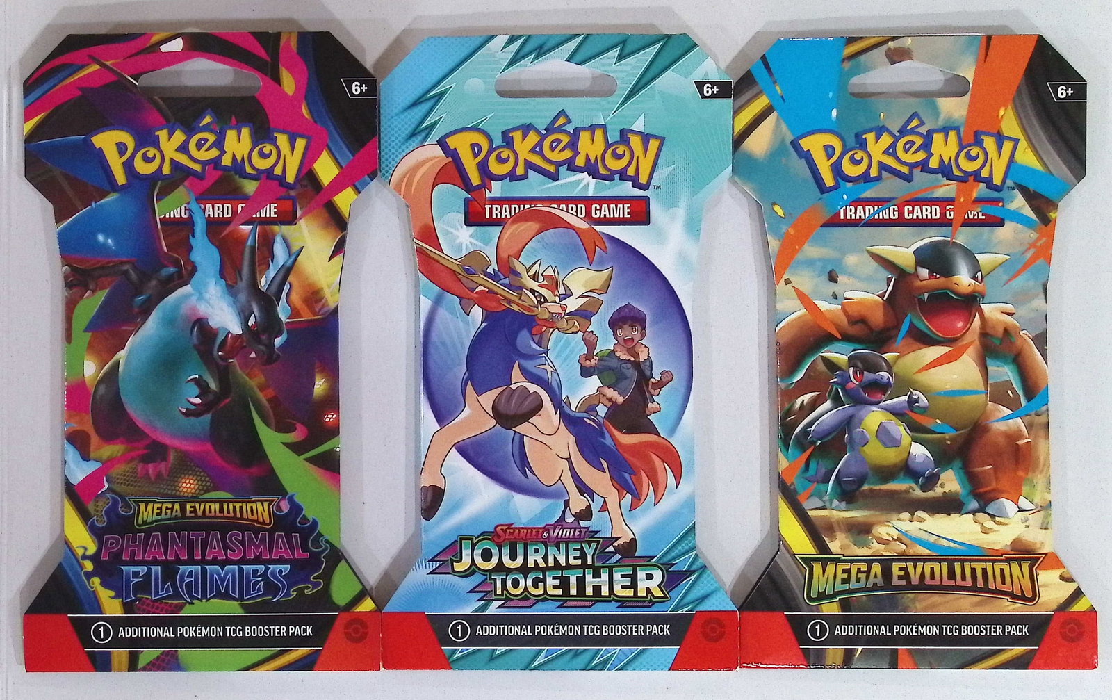 3 COUNT: 1 - Pokemon Journey Together, 1 - 2025 Mega Evolutions & 1 - PHANTASMAL FLAMES BOOSTER: Pokemon Trading Card Game Cards, Charizard, Pikachu, Mewto, EX, Referse Holo, Holo Rare Cards, Secret Rare Cards, Full Art Cards, Evee, 3 Stars Ultra Rare Cards, Double Rare, Illustration Rare, Specia