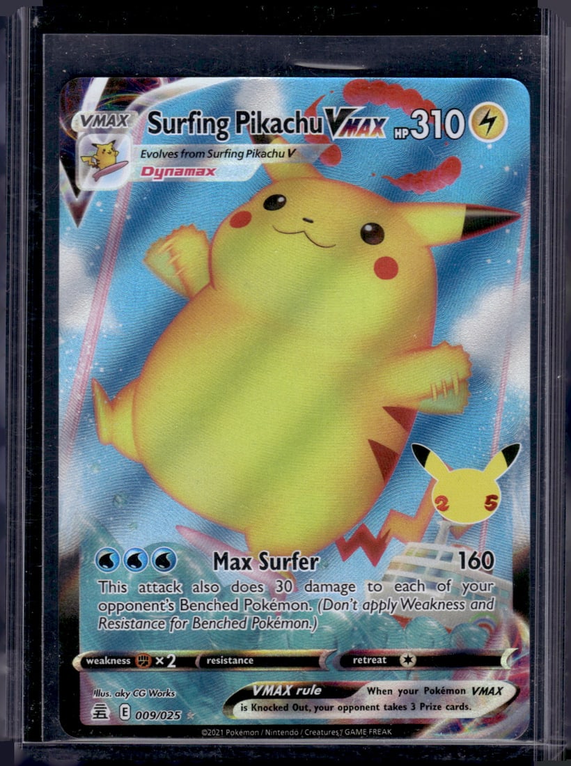 2021 Pokemon Sworld & Shield Celebrations Surfing Pikachu VMax #9: Pokemon Trading Card Game Cards, Charizard, Pikachu, Mewtwo, Reverse Holo, Holo Rare, Secret Rare Cards, Full Art Cards, Eevee, Ultra Rare Card, Illustration Rare, Special Illustration Rare SIR