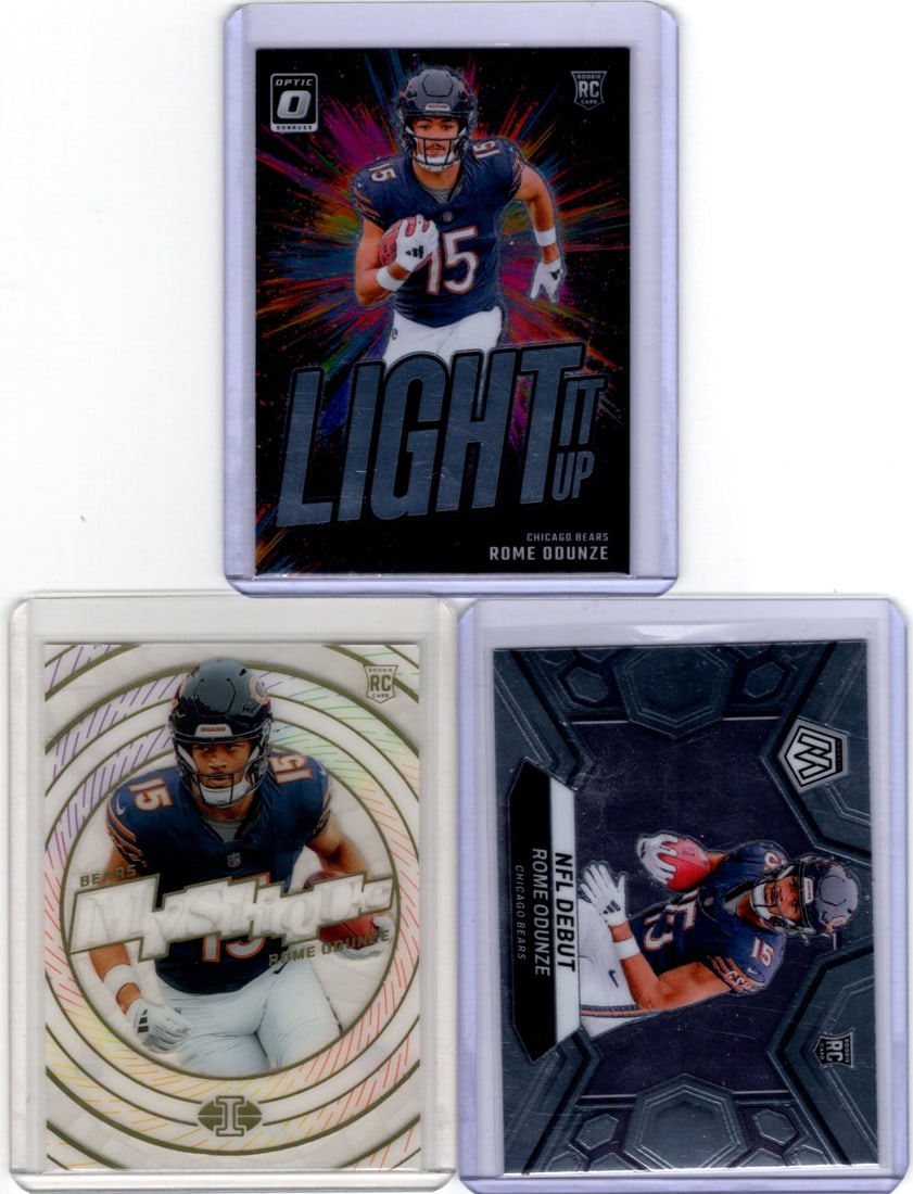 Lot of 3 Rome Odunze Rookie Cards. All Panini, All Different, See Pictures: Panini Select, Prizm, Mosaic, Contenders, Zenith, Phoenix, Illusions, Absolute, Rookie NFL Sports Trading Cards, SP, SSP, Cards, Football Cards for Sale Near Me, Superbowl & Hall of Fame Player Cards,