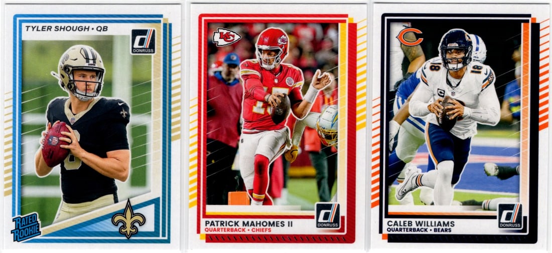 Lot of 3 2025 Donruss NFL QB Cards. Tyler Shough RC, Patrick Mahomes, Caleb Williams: Panini Select, Prizm, Mosaic, Contenders, Zenith, Phoenix, Illusions, Absolute, Rookie NFL Sports Trading Cards, SP, SSP, Cards, Football Cards for Sale Near Me, Superbowl & Hall of Fame Player Cards,