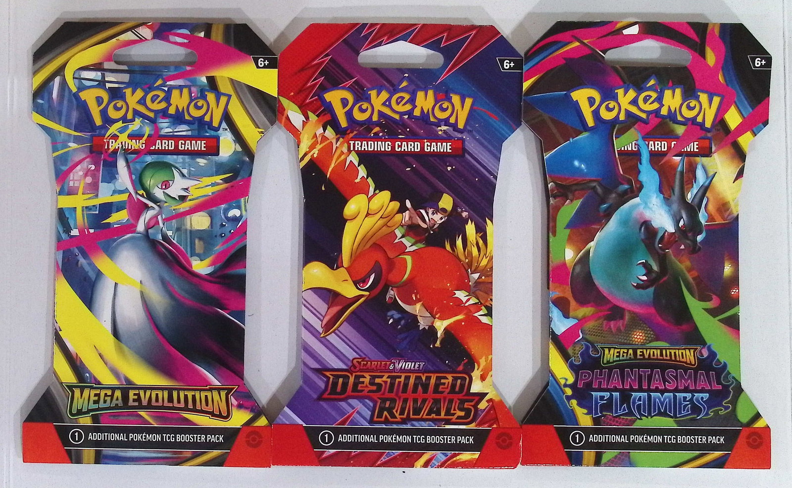 3 COUNT: 1 - Pokemon Mega Evolution, 1 - Destined Rivals, & 1 - PHANTASMAL FLAMES BOOSTER PACK: Pokemon Trading Card Game Cards, Charizard, Pikachu, Mewto, EX, Referse Holo, Holo Rare Cards, Secret Rare Cards, Full Art Cards, Evee, 3 Stars Ultra Rare Cards, Double Rare, Illustration Rare, Specia