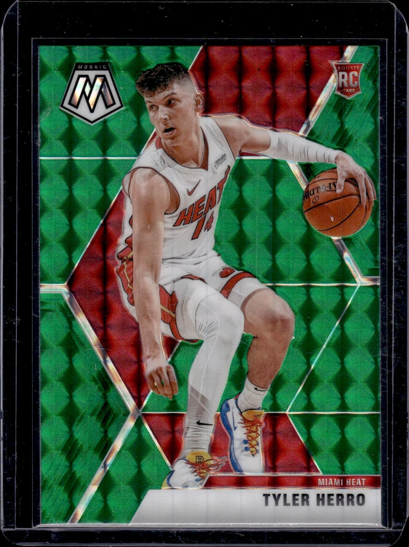 Tyler Herro Rookie Card Green Mosaic Prizm 2019-20 Mosaic #223 Miami Heat: Panini Select, Prizm, Mosaic, Contenders, Revolution, Phoenix, NBA Hoops, Rookie NFL Sports Trading Cards, Silver, SP, SSP, Wave Prizms, Numbered Cards, Basketball sports Cards for Sale Near Me, NBA C