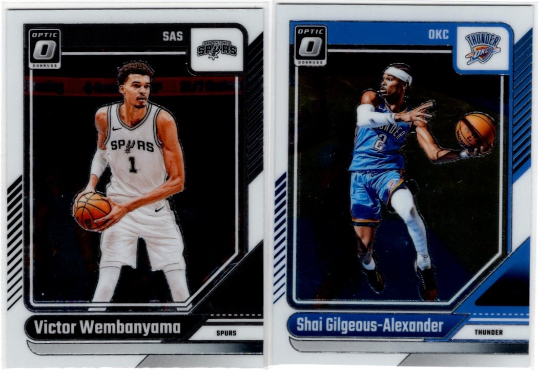 Lot of 2 2024-25 Optic NBA Basketball Cards. Victor Wembanyama & Shai Gilgeous-Alexander: Panini Select, Prizm, Mosaic, Contenders, Revolution, Phoenix, NBA Hoops, Rookie NFL Sports Trading Cards, Silver, SP, SSP, Wave Prizms, Numbered Cards, Basketball sports Cards for Sale Near Me, NBA C
