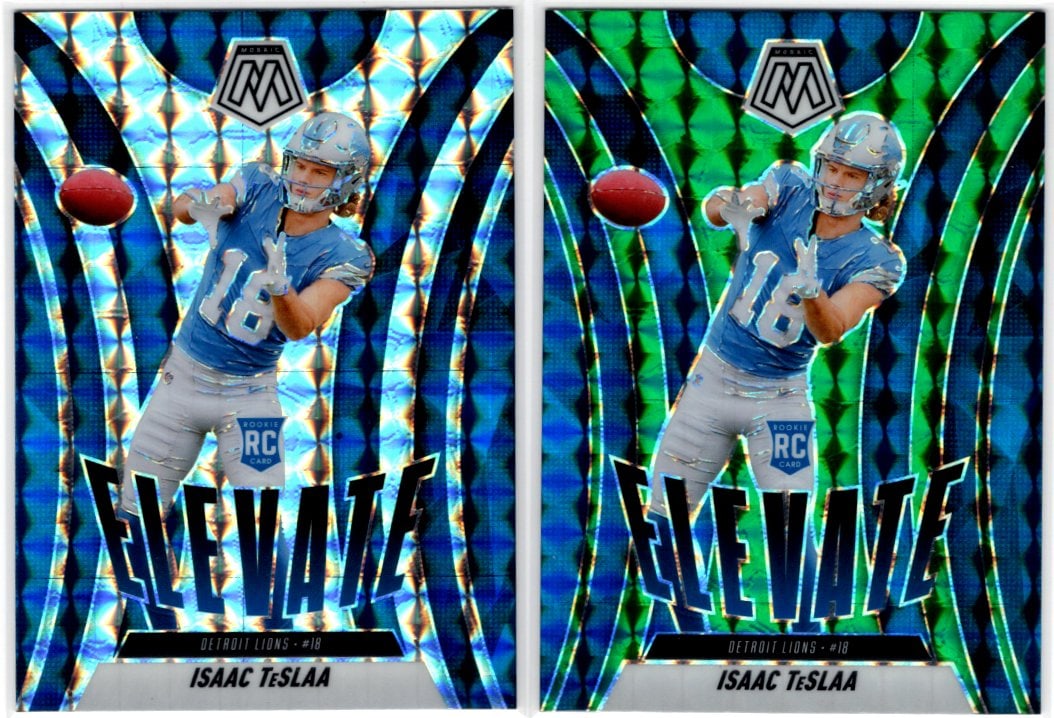 Lot of 2 Isaac TeSlaa Mosaic Prizm Rookie Cards. Silver Mosaic & Green Mosaic #8 Lions: Panini Select, Prizm, Mosaic, Contenders, Zenith, Phoenix, Illusions, Absolute, Rookie NFL Sports Trading Cards, SP, SSP, Cards, Football Cards for Sale Near Me, Superbowl & Hall of Fame Player Cards,
