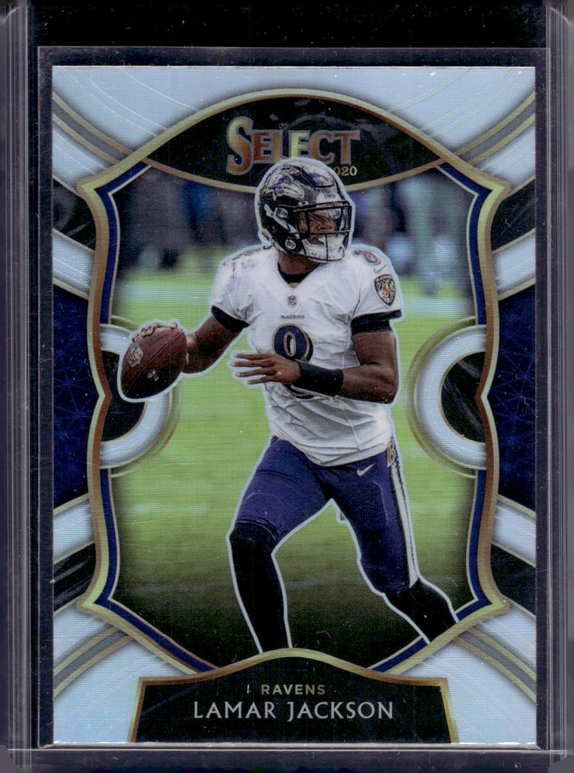 Lamar Jackson Silver Prizm 2020 Select #3 Baltimore Ravens: Panini Select, Prizm, Mosaic, Contenders, Zenith, Phoenix, Illusions, Absolute, Rookie NFL Sports Trading Cards, SP, SSP, Cards, Football Cards for Sale Near Me, Superbowl & Hall of Fame Player Cards,