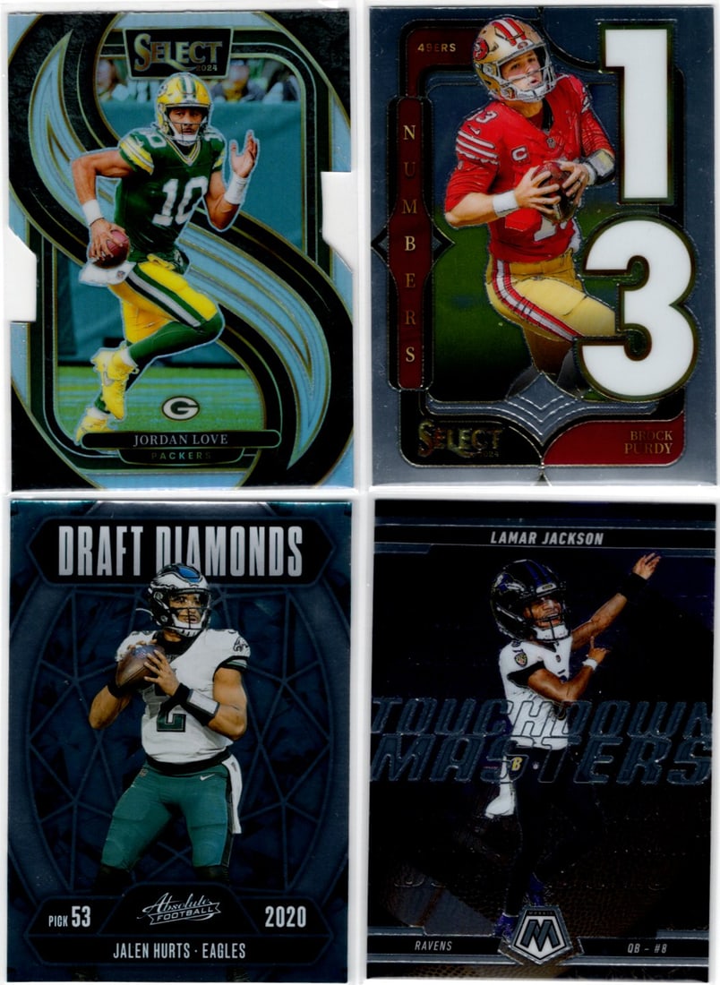Lot of 4 Panini NFL QB Inserts & Prizms. Love Prizm Die Cut, Purdy, Hurts, Jackson: Panini Select, Prizm, Mosaic, Contenders, Zenith, Phoenix, Illusions, Absolute, Rookie NFL Sports Trading Cards, SP, SSP, Cards, Football Cards for Sale Near Me, Superbowl & Hall of Fame Player Cards,