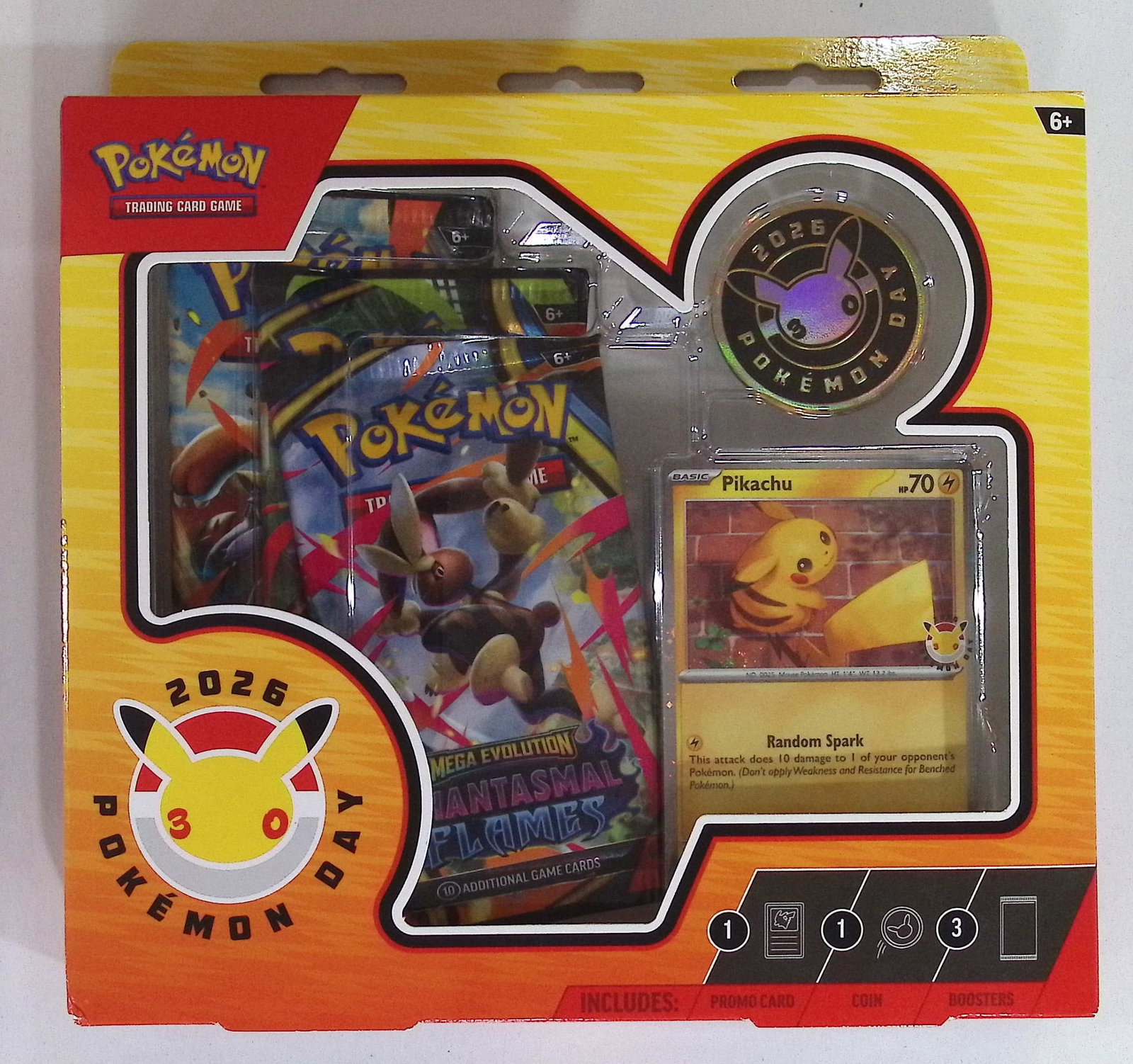 2026 POKEMON DAY Phantasmal Flames Collection Box w/1 Coin - 3 Booster Packs: Pokemon Trading Card Game Cards, Charizard, Pikachu, Mewto, EX, Referse Holo, Holo Rare Cards, Secret Rare Cards, Full Art Cards, Evee, 3 Stars Ultra Rare Cards, Double Rare, Illustration Rare, Specia