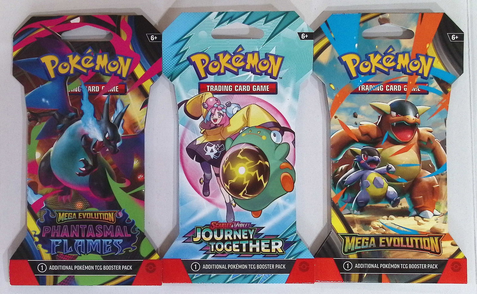 3 COUNT: 1 - Pokemon Journey Together, 1 - 2025 Mega Evolutions & 1 - PHANTASMAL FLAMES BOOSTER: Pokemon Trading Card Game Cards, Charizard, Pikachu, Mewto, EX, Referse Holo, Holo Rare Cards, Secret Rare Cards, Full Art Cards, Evee, 3 Stars Ultra Rare Cards, Double Rare, Illustration Rare, Specia