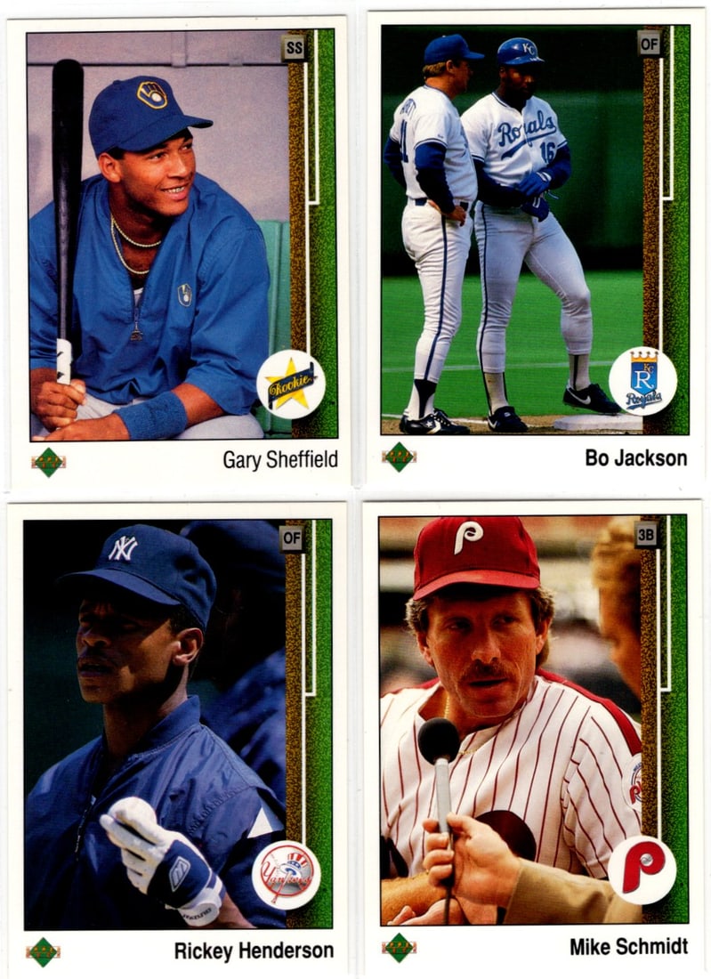 Lot of 4 1989 Upper Deck Baseball Cards. Sheffield RC, Bo Jackson, Henderson, Schmidt: Upper Deck Baseball MLB Trading & Sports Cards, Old Sports Cards for Sale Near Me, Auction Memorabilia Lots for Sale On Line, World Series & Hall of Fame Players