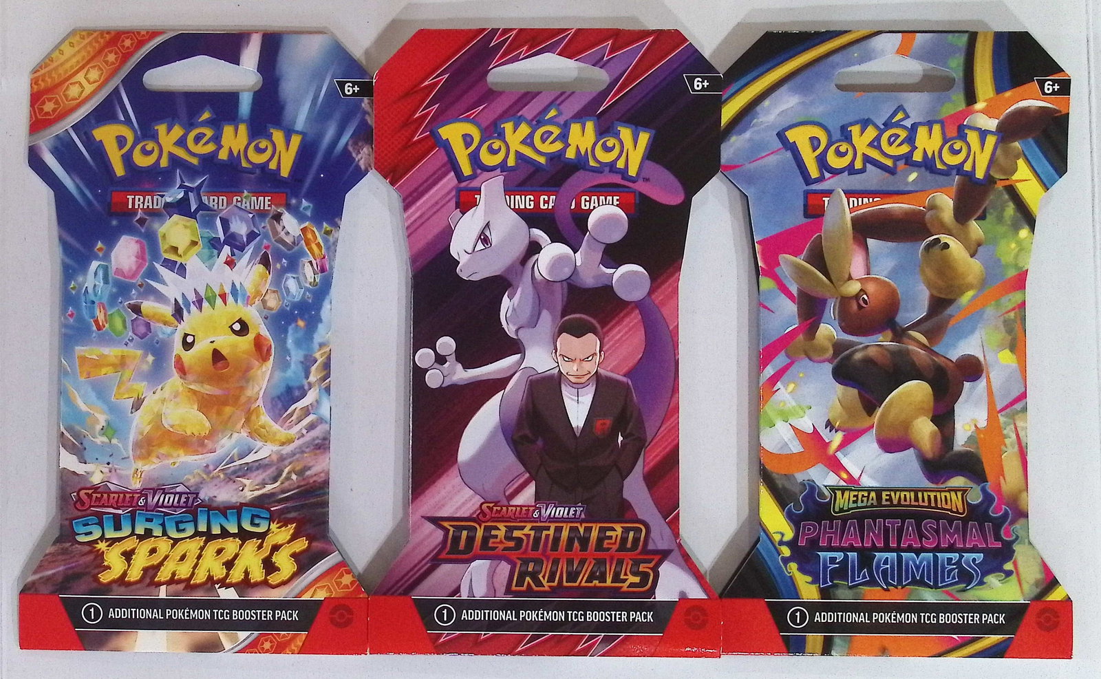 3 COUNT: 1 - Pokemon Surging Sparks, 1 - Destined Rivals, & 1 - PHANTASMAL FLAMES BOOSTER PACK: Pokemon Trading Card Game Cards, Charizard, Pikachu, Mewto, EX, Referse Holo, Holo Rare Cards, Secret Rare Cards, Full Art Cards, Evee, 3 Stars Ultra Rare Cards, Double Rare, Illustration Rare, Specia