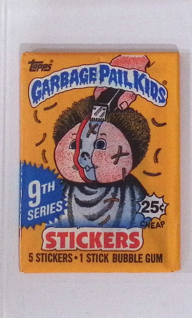 1987 Topps Vintage Garbage Pail Kids Retail Box Wax Pack - 9th Series: Sealed Packs this old have no card quality guarantees - Topps Trading Cards Sold on Line, Auction Lots for sale on line, Trading Card Stickers