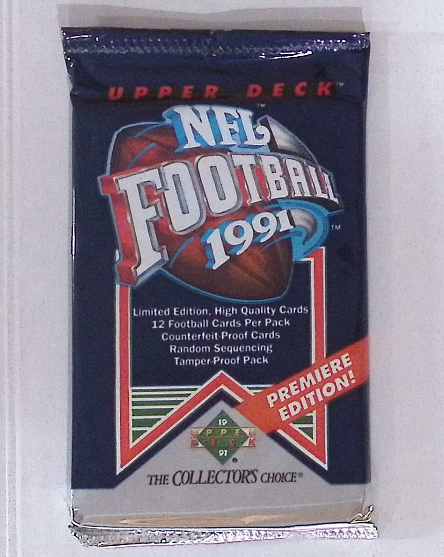 1991 Upper Deck Premier Edition Football Cards Retail Box Wax Pack, Sports Cards: Upper Deck Football NFL Trading & Sports Cards, John Elway, Bo Jackson, Jerry Rice, Dan Marino, Deion Sanders, Old Sports Cards for Sale Near Me, Vintage Valuable Auction Commemorative Lots for Sale O