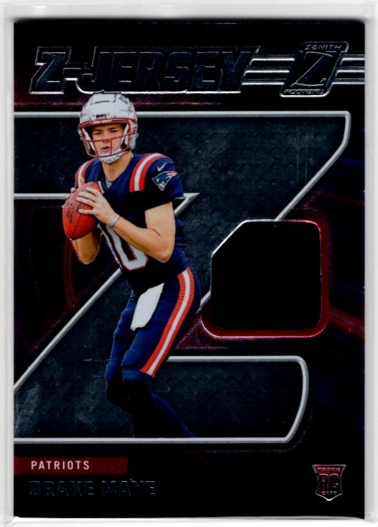 Drake Maye Rookie Card Patch 2024 Panini Zenith #ZJ2 New England Patriots: Panini Select, Prizm, Mosaic, Contenders, Zenith, Phoenix, Illusions, Absolute, Rookie NFL Sports Trading Cards, SP, SSP, Cards, Football Cards for Sale Near Me, Superbowl & Hall of Fame Player Cards,