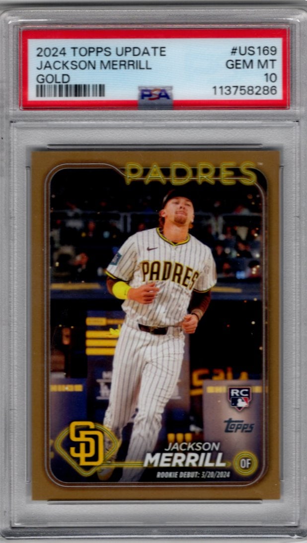 Jackson Merrill Rookie Card Gold /2024 2024 Topps Update #US169 PSA 10 Padres: Topps Baseball MLB Trading & Sports Cards, Sports Cards for Sale Near Me, World Series & Hall of Fame Players Memorabilia, Refractors, X-Fractors, Numbered, SP, SSP, Valuable Auction Memorabilia Lots