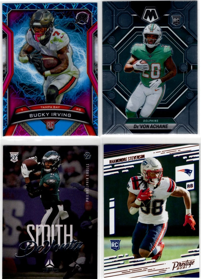 Lot of 4 NFL Rookie Cards. Bucky Irving, De'Von Achane, Devonta Smith, Stevenson: Panini Select, Prizm, Mosaic, Contenders, Zenith, Phoenix, Illusions, Absolute, Rookie NFL Sports Trading Cards, SP, SSP, Cards, Football Cards for Sale Near Me, Superbowl & Hall of Fame Player Cards,