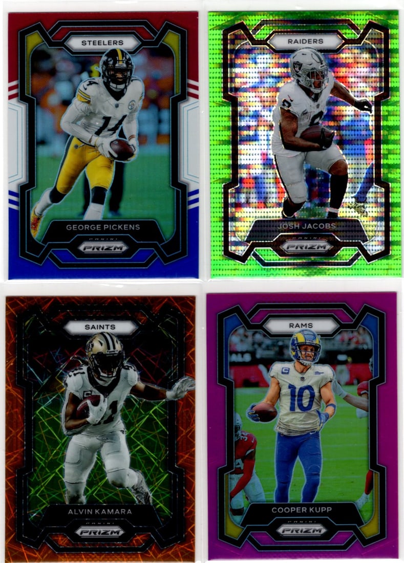 Lot of 4 2023 Panini Prizm NFL Prizms. Pickens, Jacobs, Kamara, Kupp: Panini Select, Prizm, Mosaic, Contenders, Zenith, Phoenix, Illusions, Absolute, Rookie NFL Sports Trading Cards, SP, SSP, Cards, Football Cards for Sale Near Me, Superbowl & Hall of Fame Player Cards,