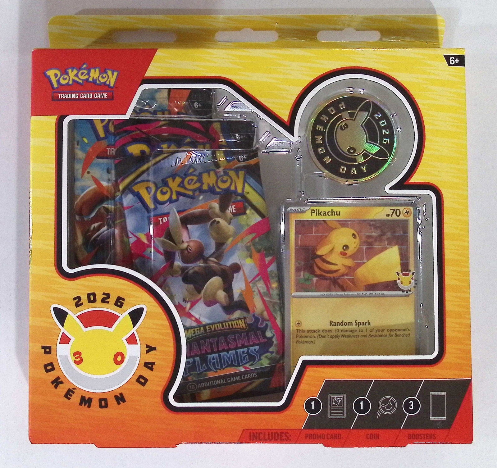 2026 POKEMON DAY Phantasmal Flames Collection Box w/1 Coin - 3 Booster Packs: Pokemon Trading Card Game Cards, Charizard, Pikachu, Mewto, EX, Referse Holo, Holo Rare Cards, Secret Rare Cards, Full Art Cards, Evee, 3 Stars Ultra Rare Cards, Double Rare, Illustration Rare, Specia