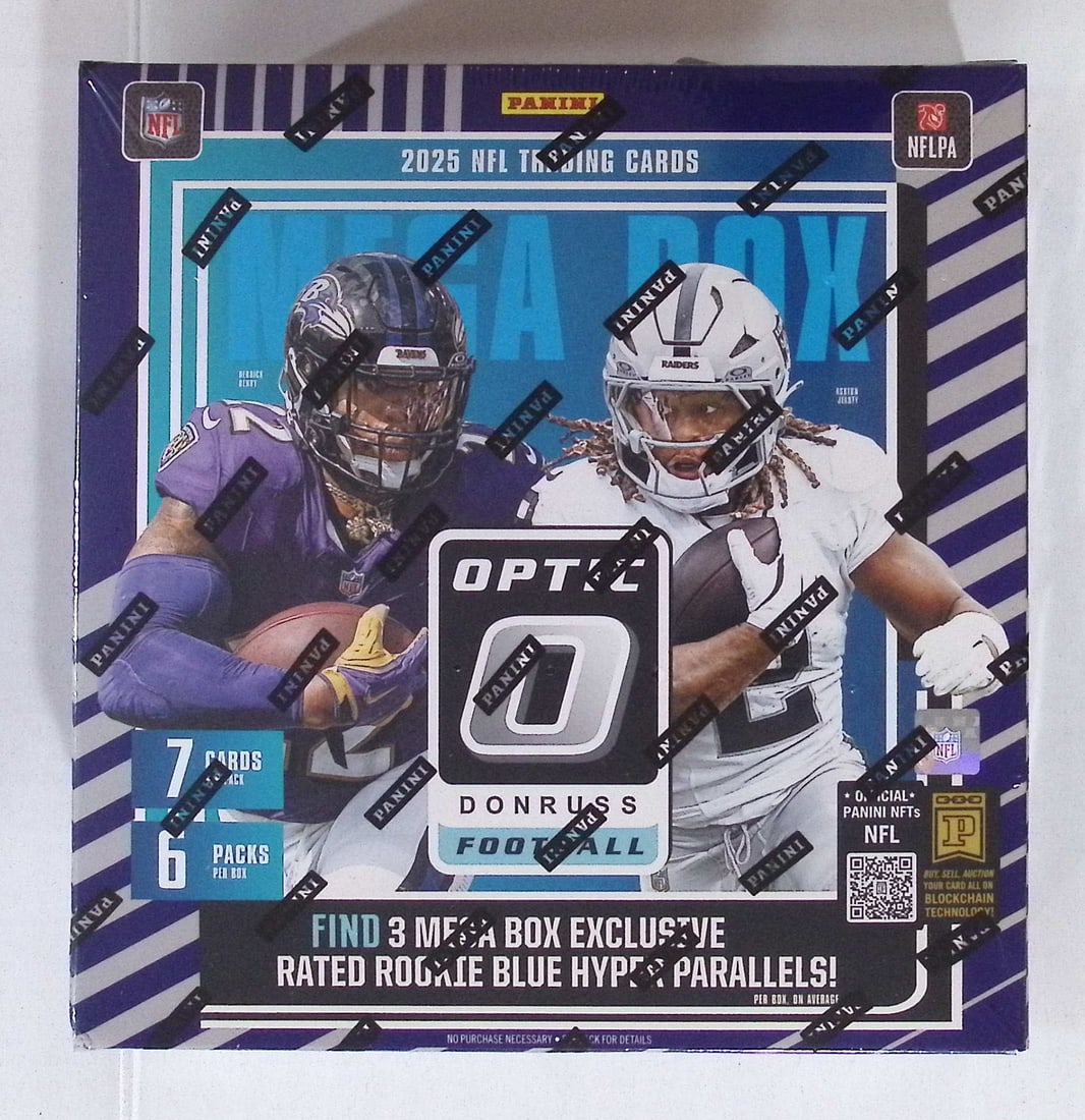 2025 Donruss Optic Football Card MEGA BOX - Jaxson Dart, Tyler Shough Rookie Cards: Donruss Optic Football NFL Trading & Sports Cards, Rookies In this set are Jaxson Dart, Tyler Shough, Cam Skattebo, Emeka Egbuka, Cam Ward, Uptown SP, Rated Rookie, Downtown SSP Cards, Sports Cards fo