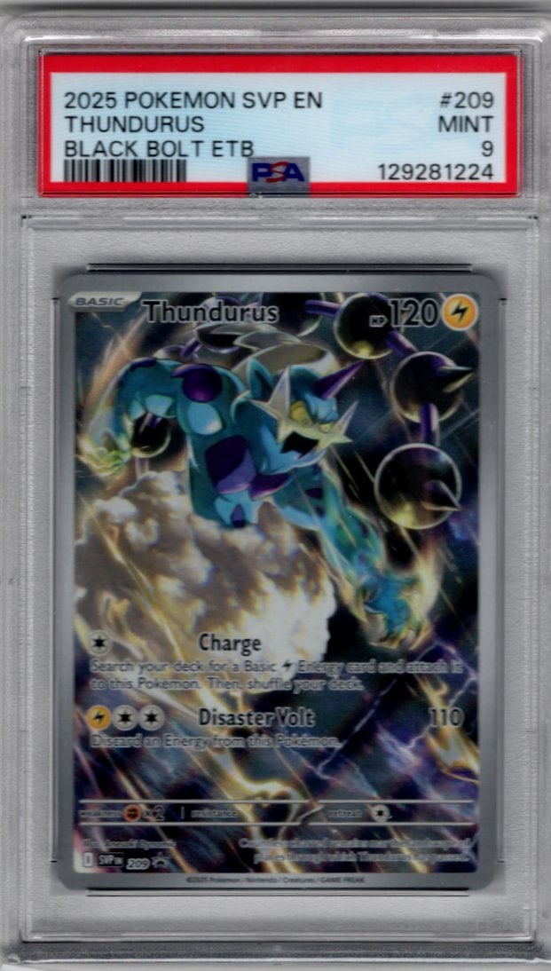 Pokemon Black Bolt Thundurus ETB Promo #209 PSA 9: Pokemon Trading Card Game Cards, Charizard, Pikachu, Mewtwo, Reverse Holo, Holo Rare, Secret Rare Cards, Full Art Cards, Eevee, Ultra Rare Card, Illustration Rare, Special Illustration Rare SIR