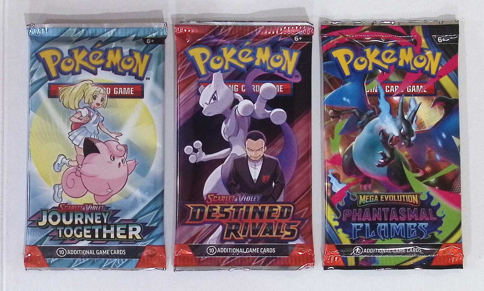 3 COUNT: 1 - Pokemon Journey Together, 1 - Destined Rivals, & 1 - PHANTASMAL FLAMES BOOSTER PACK: Pokemon Trading Card Game Cards, Charizard, Pikachu, Mewto, EX, Referse Holo, Holo Rare Cards, Secret Rare Cards, Full Art Cards, Evee, 3 Stars Ultra Rare Cards, Double Rare, Illustration Rare, Specia