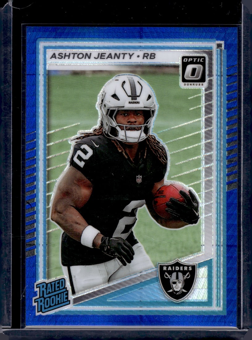 Ashton Jeanty Rookie Card Blue Hyper Prizm 2025 Donruss Optic #202 Las Vegas Raiders: Panini Select, Prizm, Mosaic, Contenders, Zenith, Phoenix, Illusions, Absolute, Rookie NFL Sports Trading Cards, SP, SSP, Cards, Football Cards for Sale Near Me, Superbowl & Hall of Fame Player Cards,