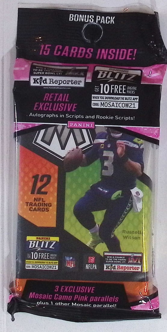 2021 Panini Mosaic CELLO FAT PACK (A 15 Card Pack + Bonus 3 Card Pink Mosaic Prizm Pack): Panini Rookie Football NFL Trading & Sports Cards, Football & Sports Cards for Sale Near Me, Silver, Wave, Autographs, SP, SSP, Numbered, Super Bowl & Hall of Fame Players, Valuable Auction Memorabili