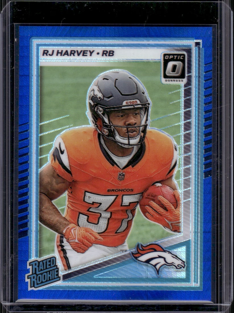 RJ Harvey Rookie Card Blue Hyper Prizm 2025 Donruss Optic #208 Denver Broncos: Panini Select, Prizm, Mosaic, Contenders, Zenith, Phoenix, Illusions, Absolute, Rookie NFL Sports Trading Cards, SP, SSP, Cards, Football Cards for Sale Near Me, Superbowl & Hall of Fame Player Cards,