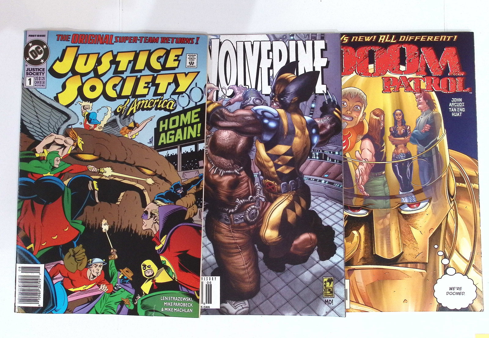 3 DC & Marvel Comic Books: Justice Society, Worverine, & Doom Patrol: All Comic Books come Bagged & Boarded if more Valuable; Shipping is a little more than baseball cards due to the cost of supplies, Super Heroes Collectibles, Auction Magazine Lots for Sale on Line, Va